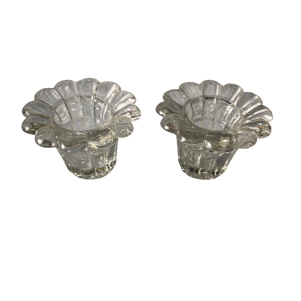 Vintage Clear Glass Scalloped Flower Petal Candle Holder Set of 2 Votive Taper